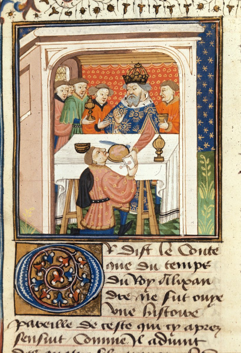 In one version of the story, by Jans Enikel, God *SENDS A LETTER*, delivered by a dove, to the bishop, about Charlemagne's sin and the bishop quickly confronts the king about his necrophilia with the dead queen (who is never given a name). (BL, MS Royal 16 G II, f. 8)