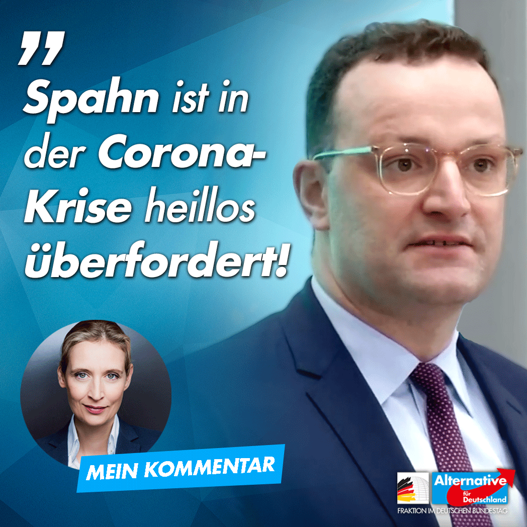 Alice_Weidel's tweet photo. Jens #Spahn, der sich bis vor kurzem noch für Kanzlermaterial hielt, ist angesichts der #Corona-Krise, der er sich gegenüber sieht, hilflos und heillos überfordert. #COVID2019

Lesen Sie hier meinen Kommentar:
https://t.co/aS7l8pime4 https://t.co/rNCMPQwUBB