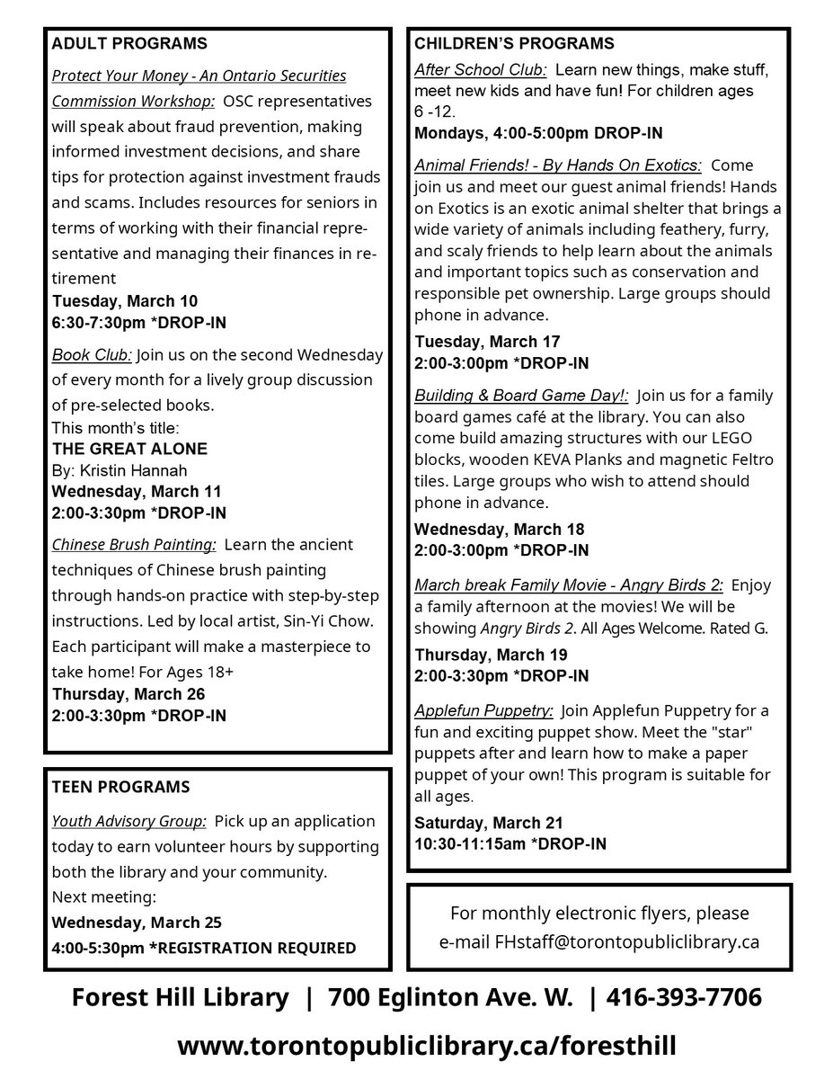 TPLForestHill's tweet image. Our March program calendar is out!!!! #MarchBreakFun 
@TPLForestHill!!!🦩❄️🥳📚