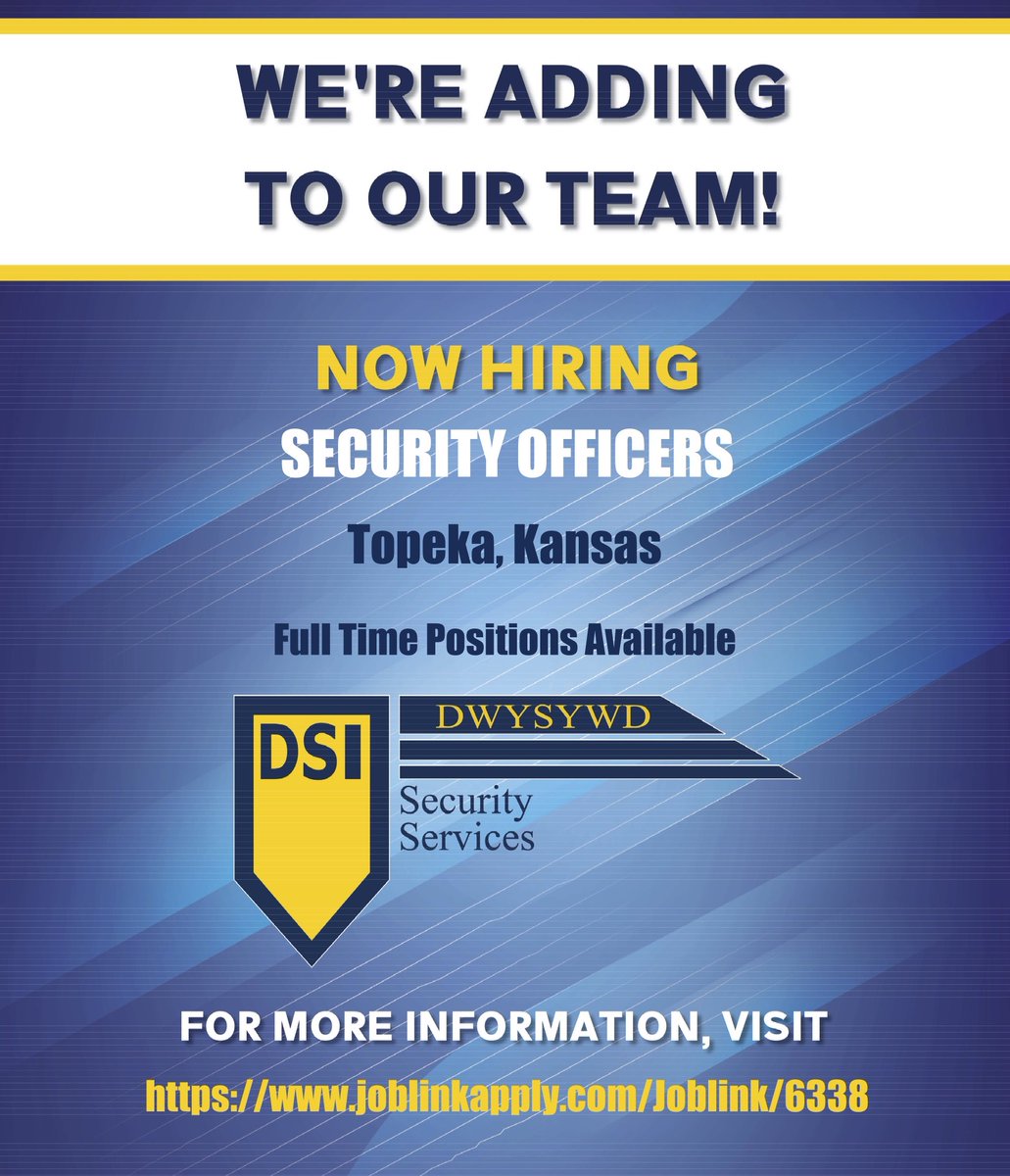 dsi_security's tweet photo. DSI Security Services is #NowHiring in Topeka, Kansas!

Click the link below to search &amp; view open positions! ⬇️

https://t.co/kANpKjNH7M

#TopekaJobs #TopekaKansasJobs #SecurityJobs #SecurityOfficerJobs #DSISecurity https://t.co/JIMlamc3Pd