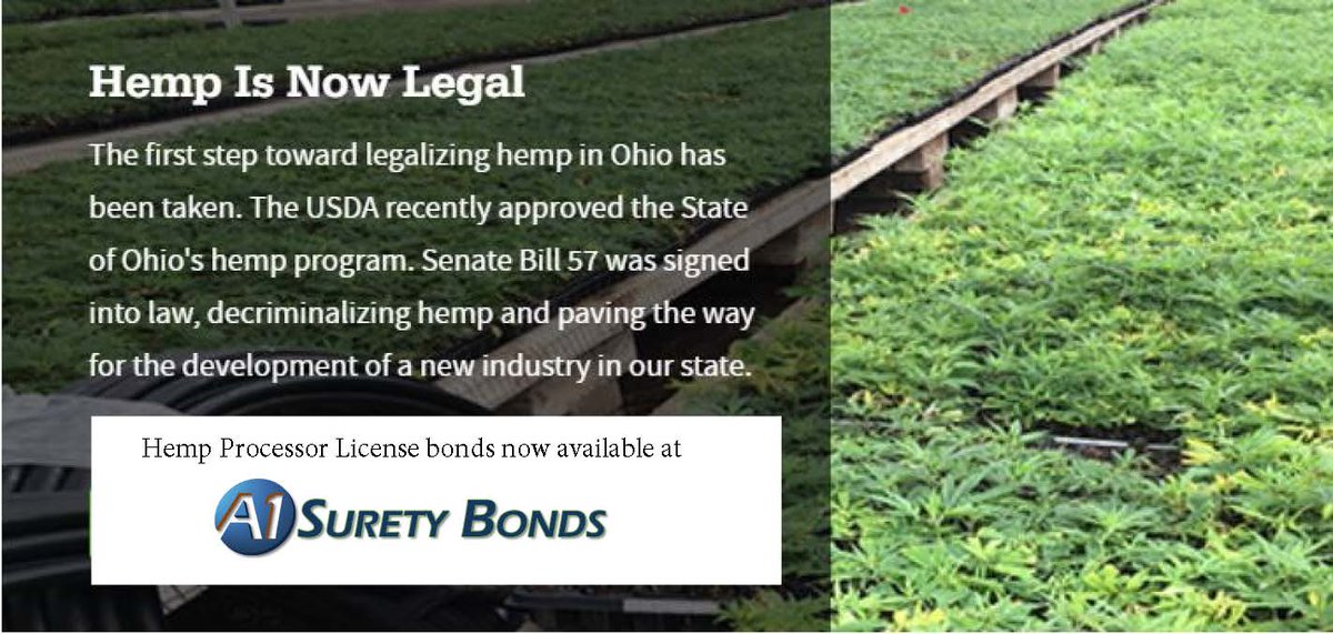 A1SuretyBonds's tweet photo. Ohio Hemp Processor License Bonds are required of all Hemp processors who purchase Raw, Unprocessed Hemp Plant Material. https://t.co/lzN6b8ZiuI now offeres these bonds as low as $100 per year for qualifying accounts.  #suretybonds 
 #hempbonds https://t.co/tygd6u2XQd https://t.co/0J0XOV5QD7