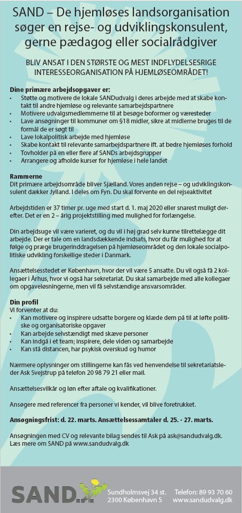 SANDhjemlose's tweet image. SAND SØGER! Vil du være vores kollega?? SAND slår to stillinger op. Er du #socialrådgiver eller #pædagog og har lyst til arbejde i en stor og indflydelsesrig organisation på hjemløseområdet, så læs mere her:
sandudvalg.dk/nyheder/vil-du…
Må rigtig gerne deles! 
#hjemløse #socpol #jobdk