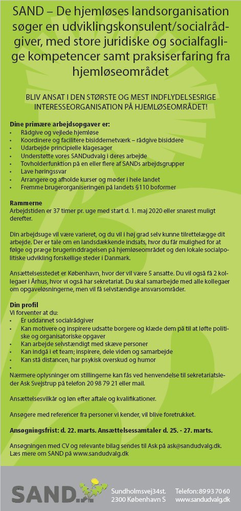 SANDhjemlose's tweet image. SAND SØGER! Vil du være vores kollega?? SAND slår to stillinger op. Er du #socialrådgiver eller #pædagog og har lyst til arbejde i en stor og indflydelsesrig organisation på hjemløseområdet, så læs mere her:
sandudvalg.dk/nyheder/vil-du…
Må rigtig gerne deles! 
#hjemløse #socpol #jobdk
