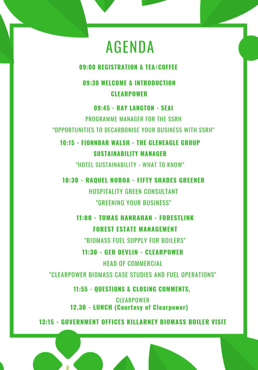 The countdown is on to Clearpowers half day workshop on commercial Biomass Boilers and the <a href="/SEAI_ie/">SEAI</a> Support Scheme for Renewable Heat in The Brehon Hotel Killarney on Wednesday March 4th.   

Check out the attached flyer and register at the link below! 

#Biomass #CarbonNeutral