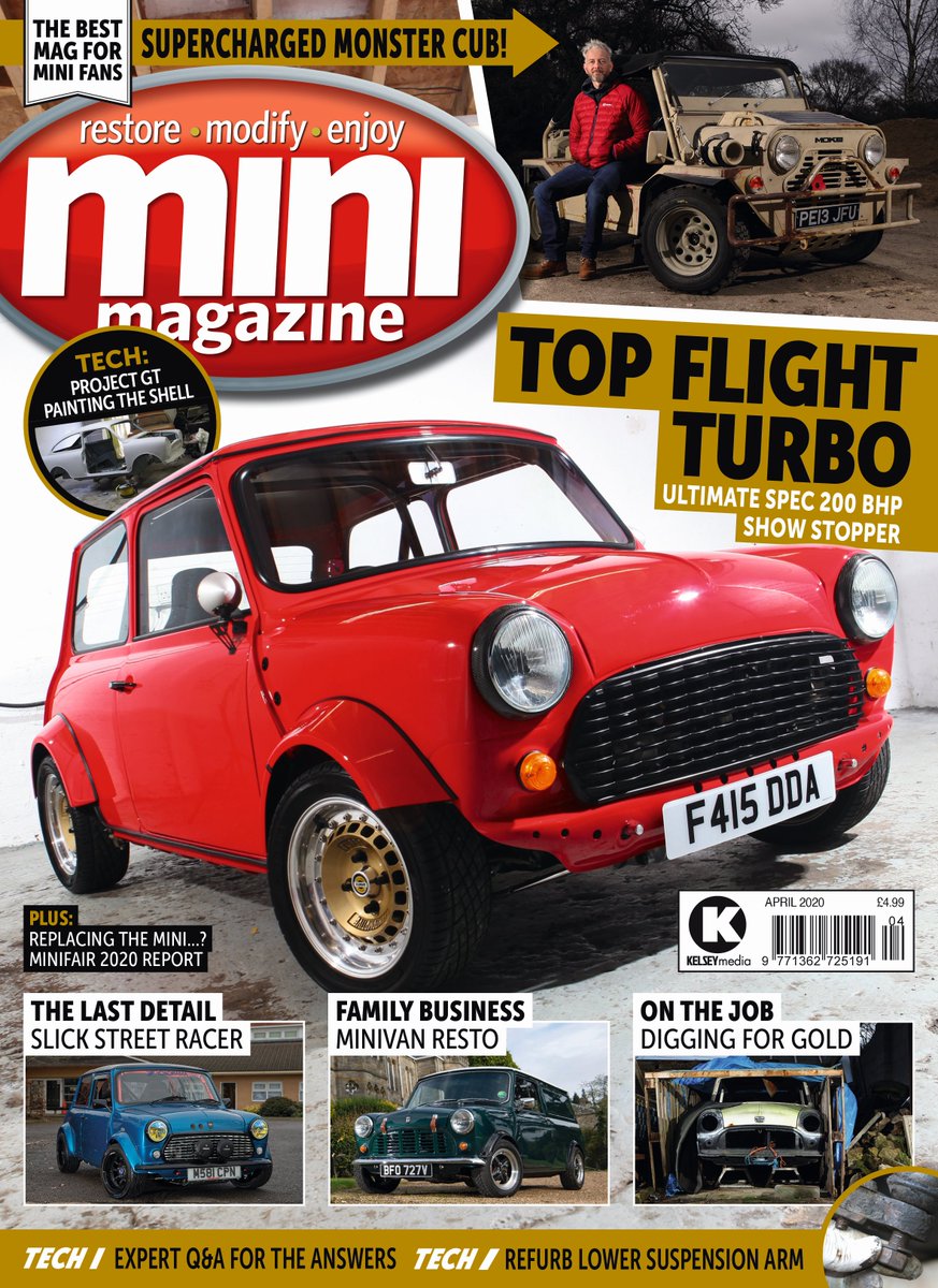 MiniMagazine's tweet photo. The April 2020 Issue of Mini Magazine is on sale now! On the cover is Luke Billing's incredible turbo Mini - the level of detail needs to be seen. There's loads more inside, so grab your copy today! #minimag #miniturbo #classicmini https://t.co/5DVdWx7agv