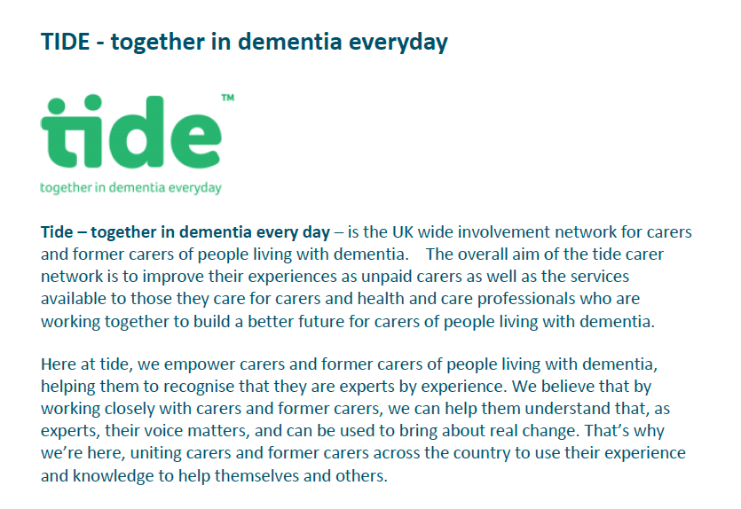 HWKirklees's tweet photo. If you want to help build a better future for #carers of people living with #dementia, Tide is looking for members to help them. 

Become a #member to be involved with all that they have to offer. https://t.co/B5HFnhf7w7

contact Sarah Merriman-0151 353 5607-carers@tide.uk.net https://t.co/KlEFT47e8H