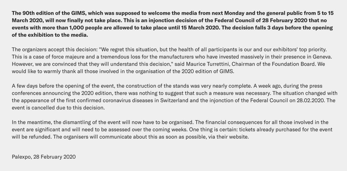 AndrewNoakes's tweet photo. Official statement on the cancellation of the Geneva motor show. https://t.co/ix0Slqg6tg