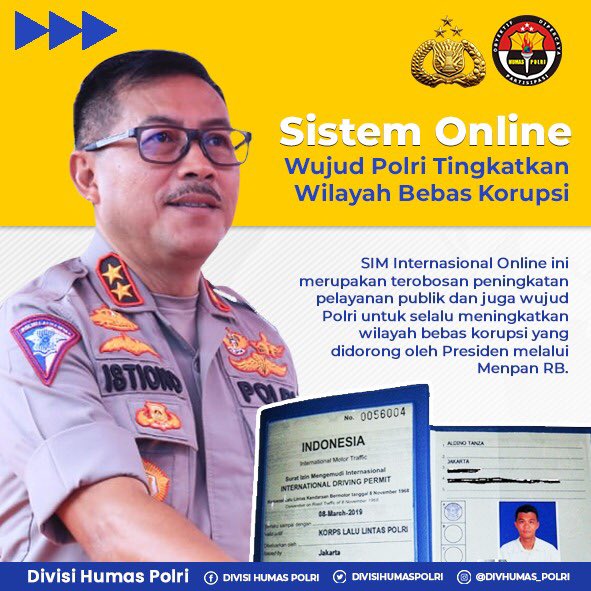 DivHumas_Polri's tweet photo. Sistem Online Wujud Polri Tingkatkan Wilayah Bebas Korupsi

“SIM Internasional Online ini merupakan terobosan peningkatan pelayanan publik dan juga wujud Polri untuk selalu meningkatkan wilayah bebas korupsi yang didorong oleh Presiden melalui Menpan RB.” https://t.co/UJUD5VoUZj