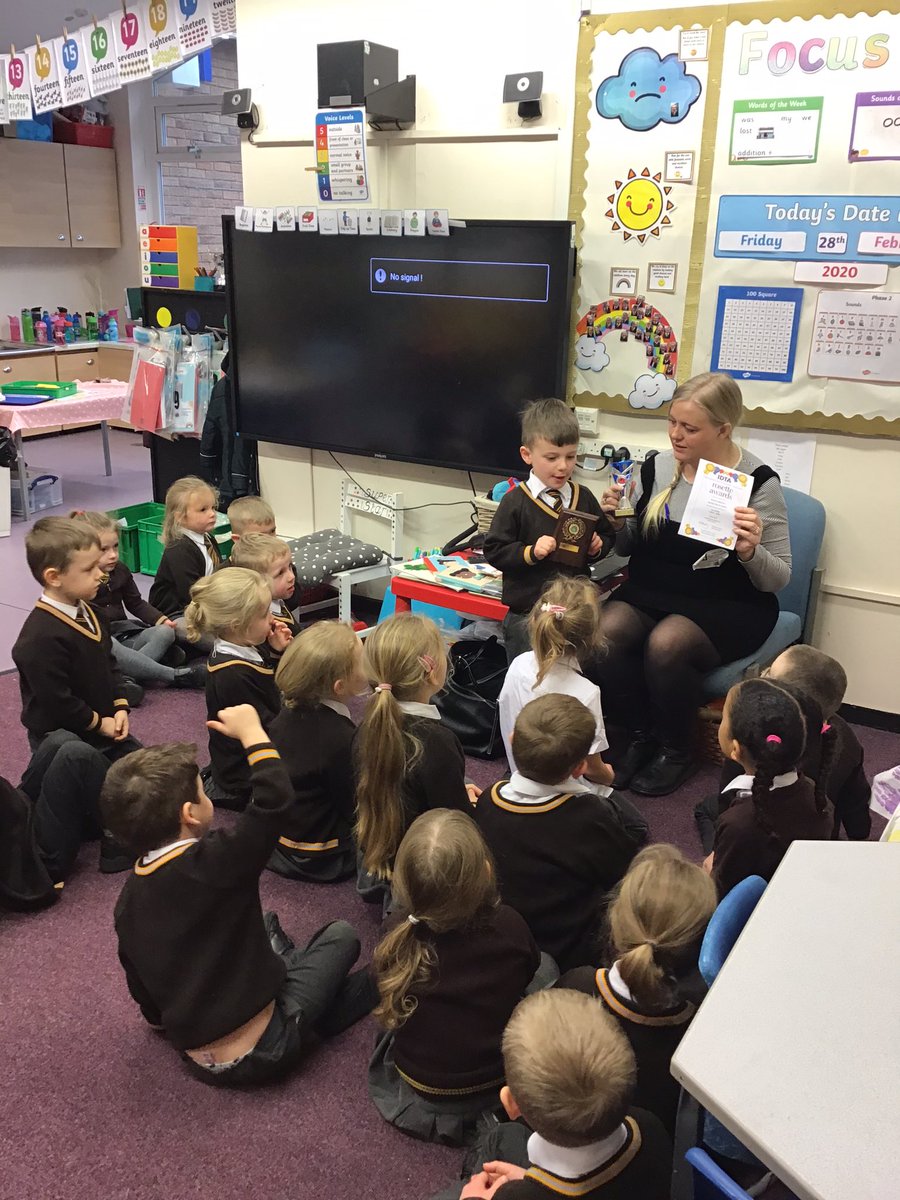 StJosephsRCShaw's tweet photo. Ralph showed his trophies to the Reception class. Ralph explained he got a gold rosette for dancing the Tango. Shmazing Ralph. https://t.co/eApgqIbAGB