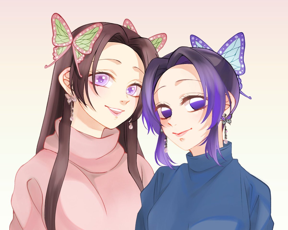 kochou shinobu multiple girls 2girls butterfly hair ornament hair ornament purple eyes smile earrings  illustration images