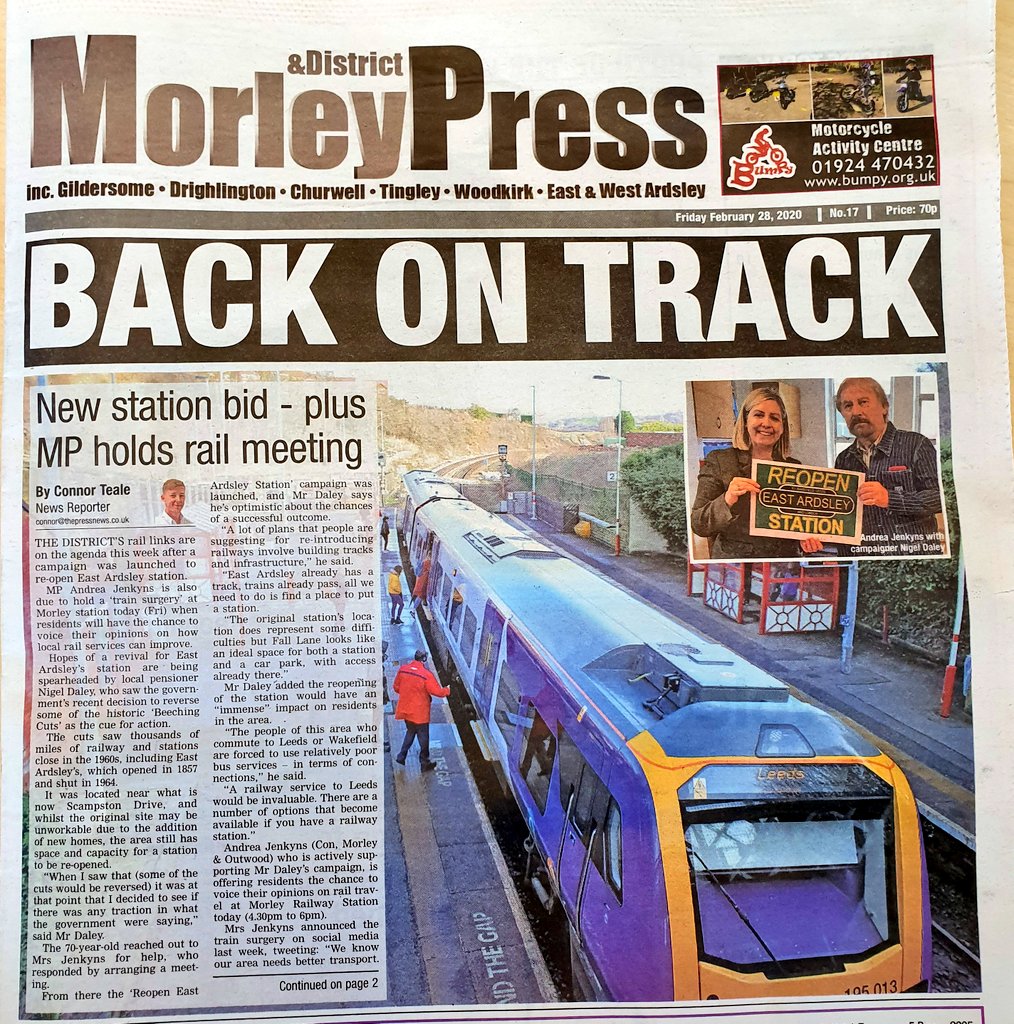 Todays <a href="/PressMorley/">Morley & District Press</a> front page 📰

I'm working with residents to support the campaign to re-open East #Ardsley train station. 

And this afternoon I'll be at #Morley station with stakeholders to talk to commuters &amp; find solutions! 🚆