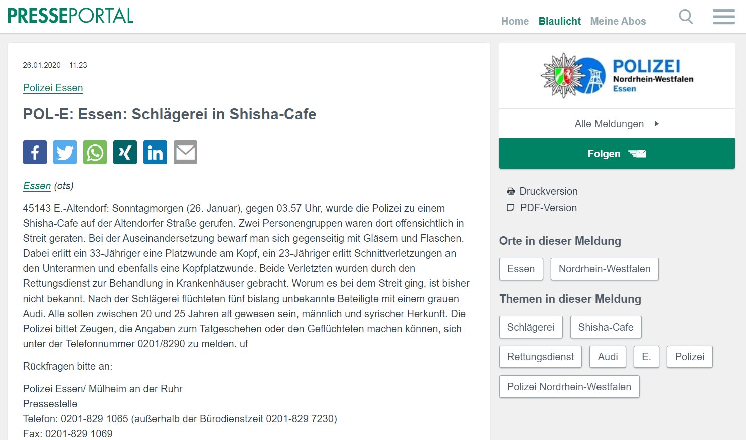 Polizeimeldung: Schlägerei in Shisha-Bar