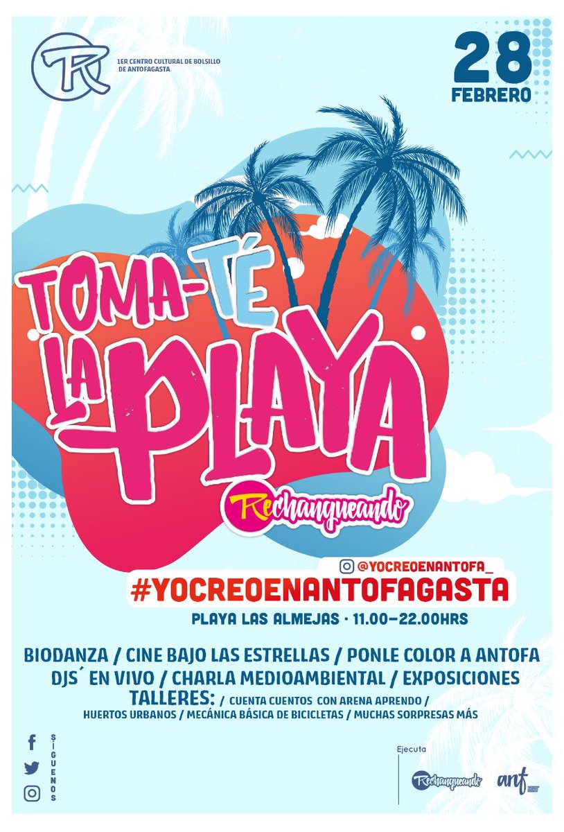 CreoAntofagasta's tweet photo. 📌Recuerda hoy viernes 28 de febrero ¡Toma-Té la Playa 😎!
Tod@s invitad@s desde las 11:00 hrs, en Playa Las Almejas🌊 diversas y entretenidas actividades para ti y tu familia❤️ Cine bajo las estrellas, talleres, huertos urbanos y muchas sorpresas más🤩
#YoCreoenAntofagasta https://t.co/NsnBfSS9uo