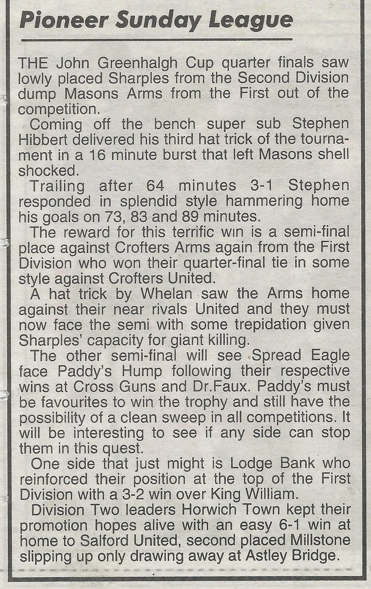 sharplesafc's tweet photo. 21 Yrs Ago - 28 Feb 99
Sharples progressed to the semi-finals of the PSFL KO Cup following a 5-3 victory over Masons Arms.
@leighton2212, @Steve007Hibbert (3) and Mike Lewis got the #SAFC goals with Andrew Balderston, Rick Stokes and Steve Morley scoring for Masons. https://t.co/4edEiDhH9Q