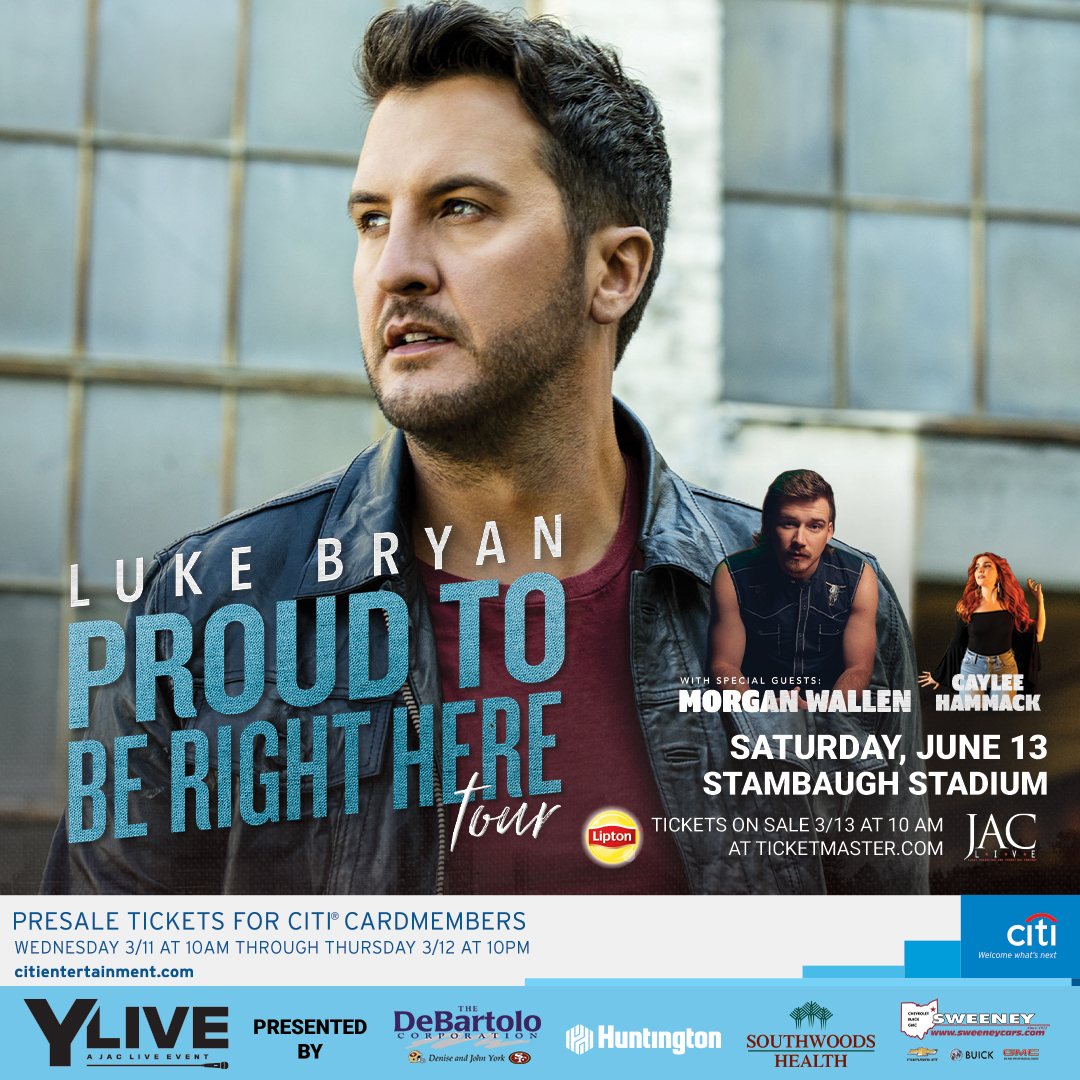 JAC_Live1's tweet photo. JUST ANNOUNCED! Luke Bryan will headline this year's Y Live Music Event as part of his 'Proud To Be Right Here' Tour on June 13th at YSU's Stambaugh Stadium! Tickets go on sale Friday, March 13th at 10 am! Stay tuned for pre-sale information! https://t.co/9NzUxBTGsb