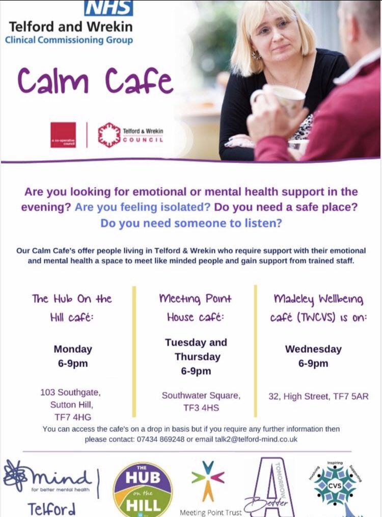 TelfordCVS's tweet photo. Seeking emotional support? Call in at our Calm Cafe @MadeleyTC @LiveWellTelford https://t.co/ql0D0QCGC4