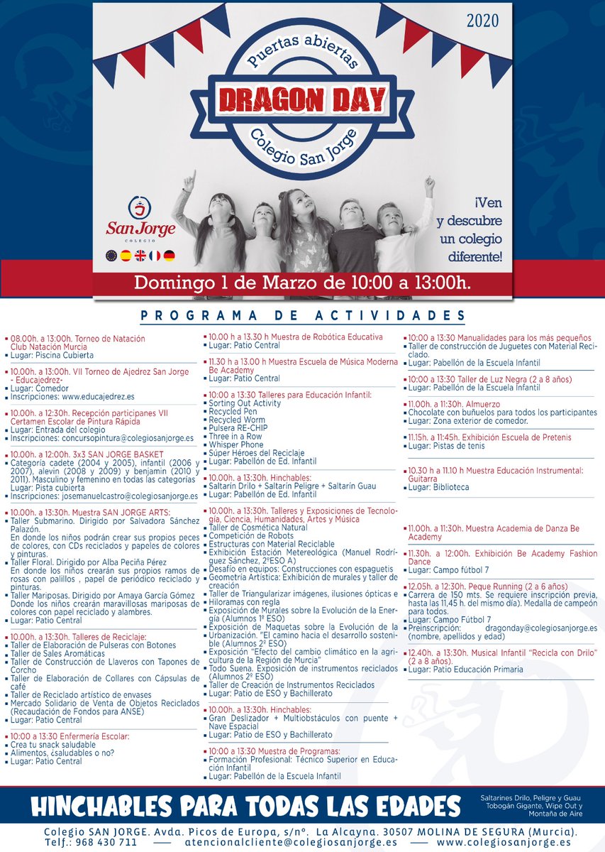Aquí tienen el #programa completo de #actividades que se llevarán a cabo este domingo en nuestro #DragonDay2020. ¡Les esperamos! #colegioconcertado #colegioconcertadomurcia