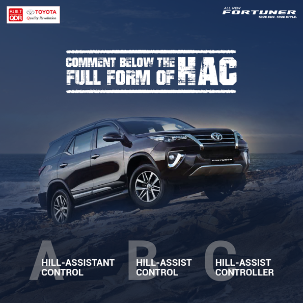 Toyota_Fortuner's tweet photo. #ContestAlert  Can you guess what is the Full form of the HAC safety feature from our #Toyota #Fortuner https://t.co/lygQU0pKZn