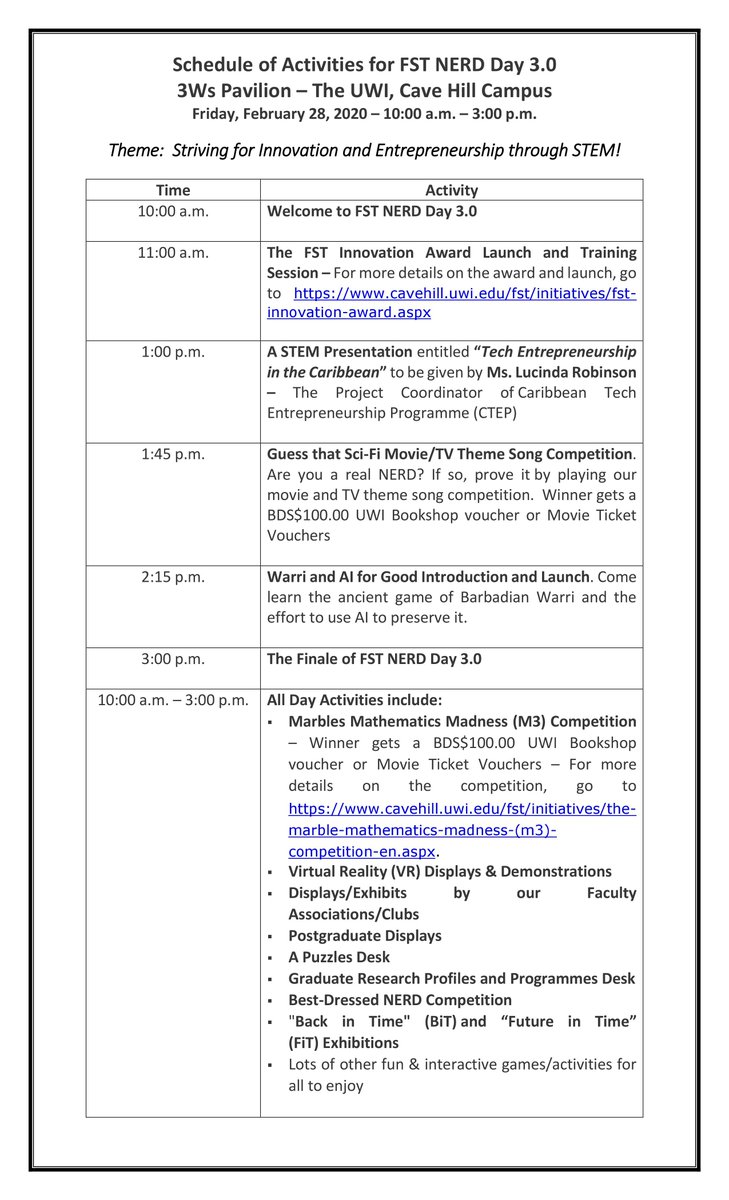 fstcavehill's tweet photo. FST NERD Day 3.0 is finally here!  See the attached schedule of activities we have planned for the day! https://t.co/pnzT1kJZVg