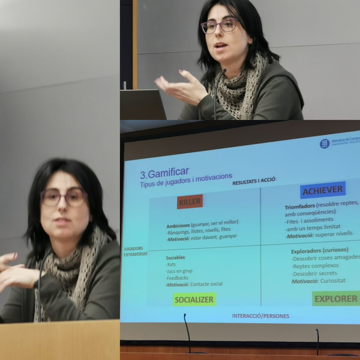 monfertar's tweet photo. Aprendre jugant. La Gemma García ens explica l'experiència de Gamificació de les formacions als estudiants a la Biblioteca del Campus del Baix Llobregat de la #UPC #biblioteca #gamificacio #aprendrejugant #bibliotequesuniversitaries #universitylibraries https://t.co/GxV9mcHv93