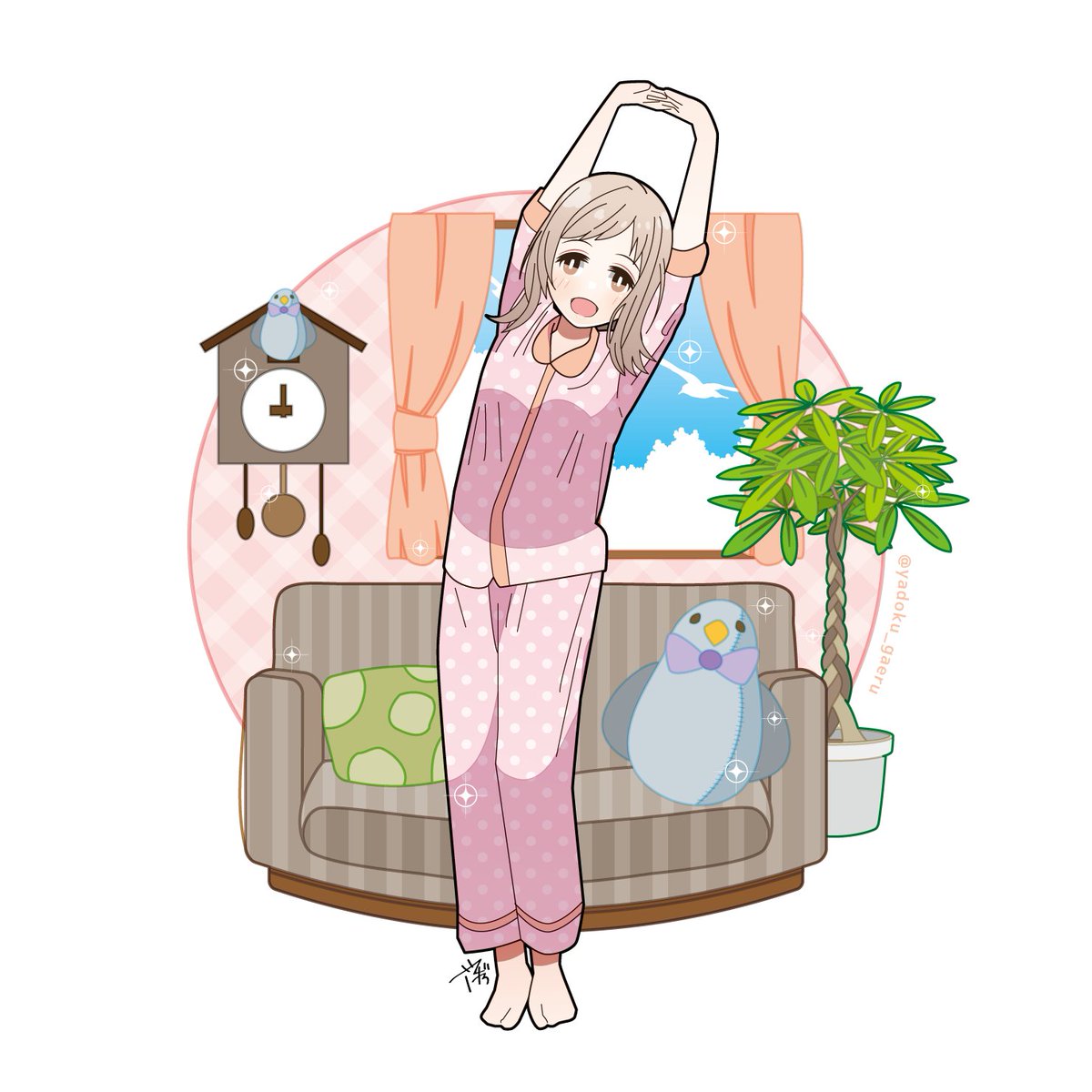 sakuragi mano 1girl pajamas solo plant smile barefoot open mouth  illustration images