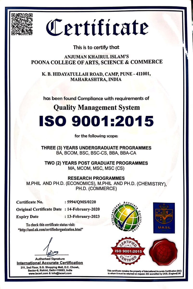 IedcPc's tweet photo. ISO 9001:2015 certified  🤩College.
Congratulations to entire Team #poonacollege. Indeed a massive support from the management #AKI.
This is indeed a huge #goldenjubileeyear celebrations 

 Professor Dr Aftab Anwar Shaikh and the entire team ... This one is well deserved 💐💐💐 https://t.co/wAFpo4vxBq