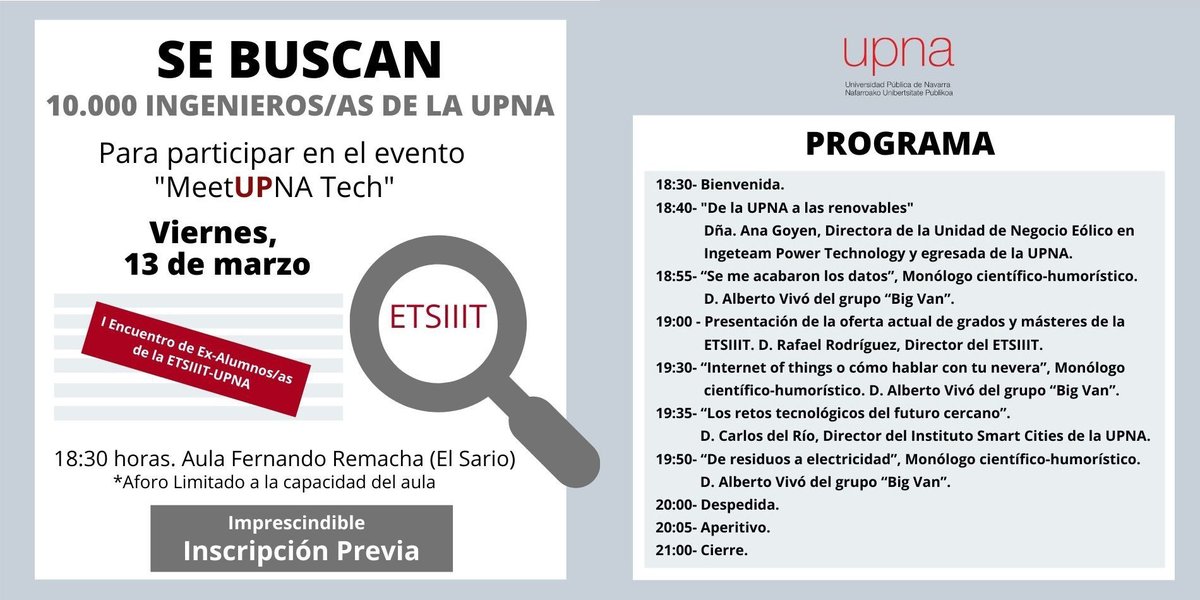 UNavarra's tweet photo. ¡Se buscan ingenieri@s🧑‍💻 #UPNA #ETSIIT? Sí, sí, te buscamos a ti :-) ¿Te apetecería reunirte con tus compañeros, hacer 🧑‍🤝‍🧑networking y disfrutar de los mónólogos 😂de Alberto Vivó @BigVanCiencia? Te esperamos en el I #MeetUPNATech  ¿te acercas? https://t.co/RznnCh5VYY https://t.co/0GKgTzWyJQ