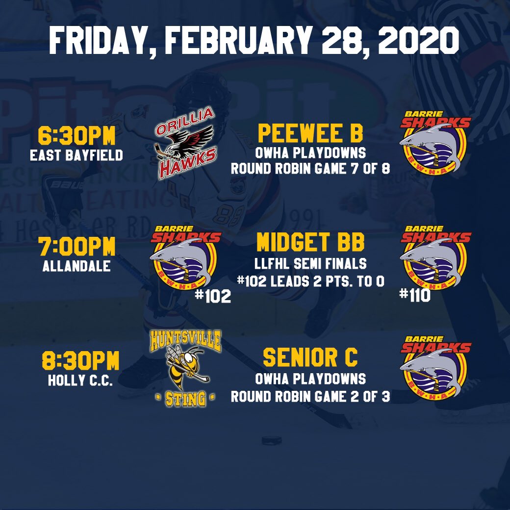 BarrieSharks's tweet photo. Just 3 games on a relatively quiet Friday evening. Peewee B continues their nearly complete playdown marathon, our Midget BB teams face-off in round 2 of the LLFHL playoffs, and Senior C hosts Huntsville in a regional playdown game. #GOSHARKSGO #LLFHL #OWHA https://t.co/SmV5Dw1nf9