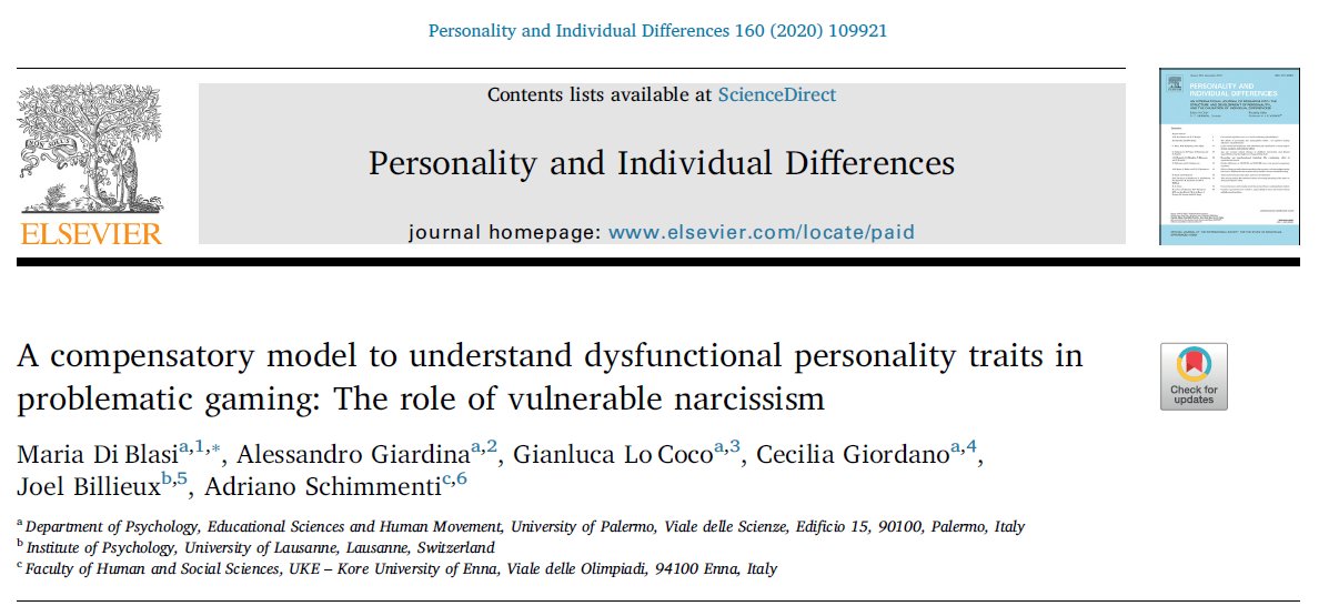 A compensatory model to understand dysfunctional personality traits in problematic gaming: The role of vulnerable narcissism

<a href="/unil/">Université de Lausanne</a> <a href="/A_Schimmenti/">Adriano Schimmenti</a> <a href="/MarieBlasi/">marie di blasi</a> 

Our paper has just been published in PAID and is available here : sciencedirect.com/science/articl…