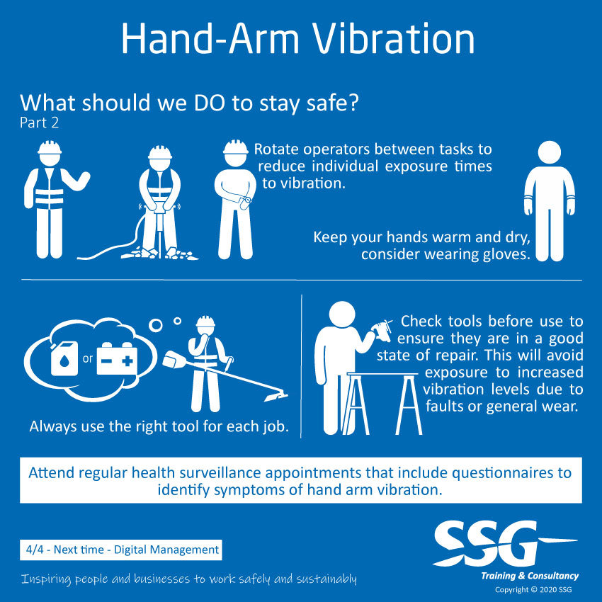 It’s vital that you keep a record of individual vibration exposure levels. Always inform your employer under RIDDOR if you believe that you are experiencing symptoms of hand arm vibration syndrome.