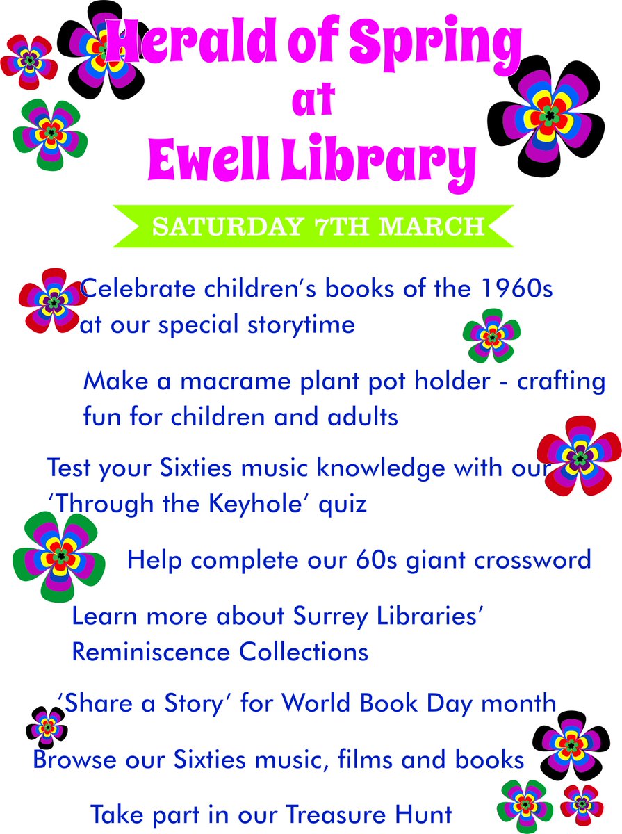 EwellLib's tweet photo. The countdown as begun!
#HeraldofSpring at Bourne Hall
Saturday 7 March
There'll be something for everyone in the library, so come and join in the fun! https://t.co/he6Ccq9JoZ