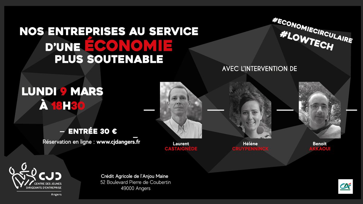 #9mars #Angers #conference #CJD 
Nos Entreprises au service d'une économie plus soutenable  👋👋👋 Reste quelques places dépêchez-vous ! Merci à SOVECO et ALTONEO pour leur soutien <a href="/CJDAngers/">CJD Angers</a> 
cjdangers.fr
