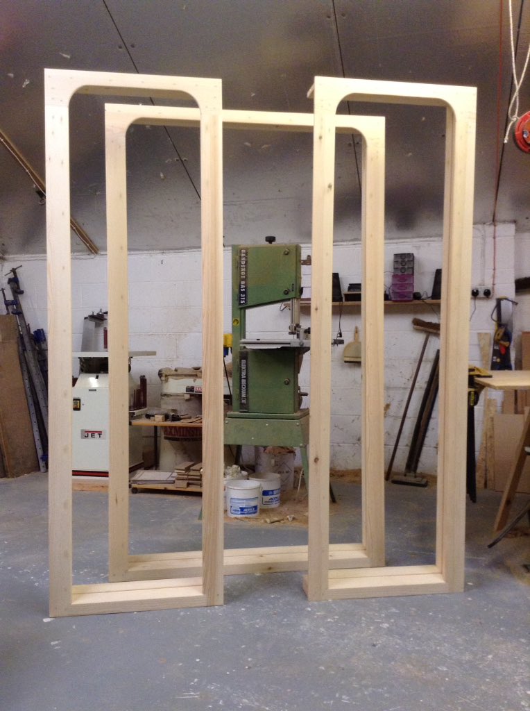 Bespoke box frames for a replacement sliding sash bay window in Taunton, Somerset. The curved detail on the external casings has been templated to match the contour of the existing decorative sand stone pillars, which support this Victorian bay window.