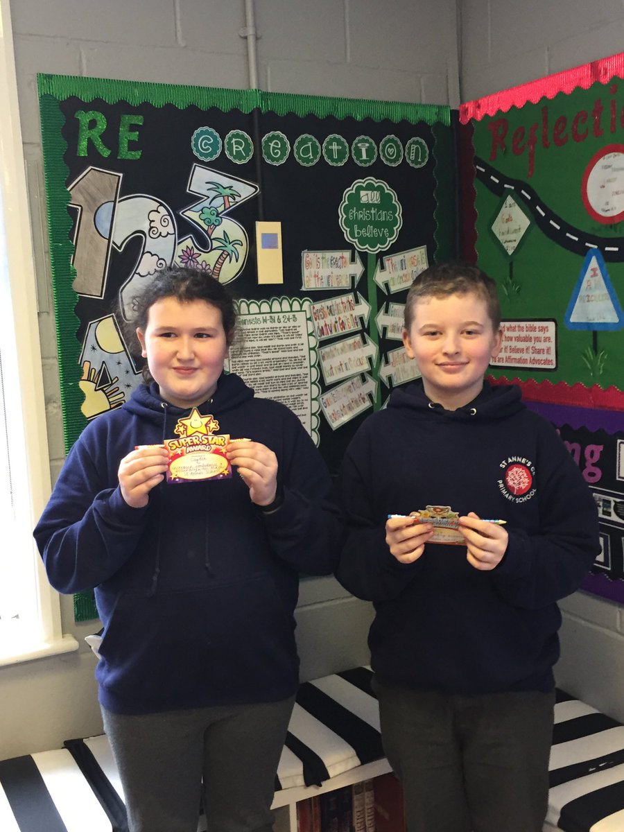 STAClassY6's tweet photo. Congratulations to Cayden who received our Superstar Award for her mega maths work this year and to Riley, our Teacher’s Special Award Winner for his rapid progress in Reading &amp; Comprehension. Fab job both of you 🙌👏😀 #teamstannes #coolkids https://t.co/COT9XctlDN