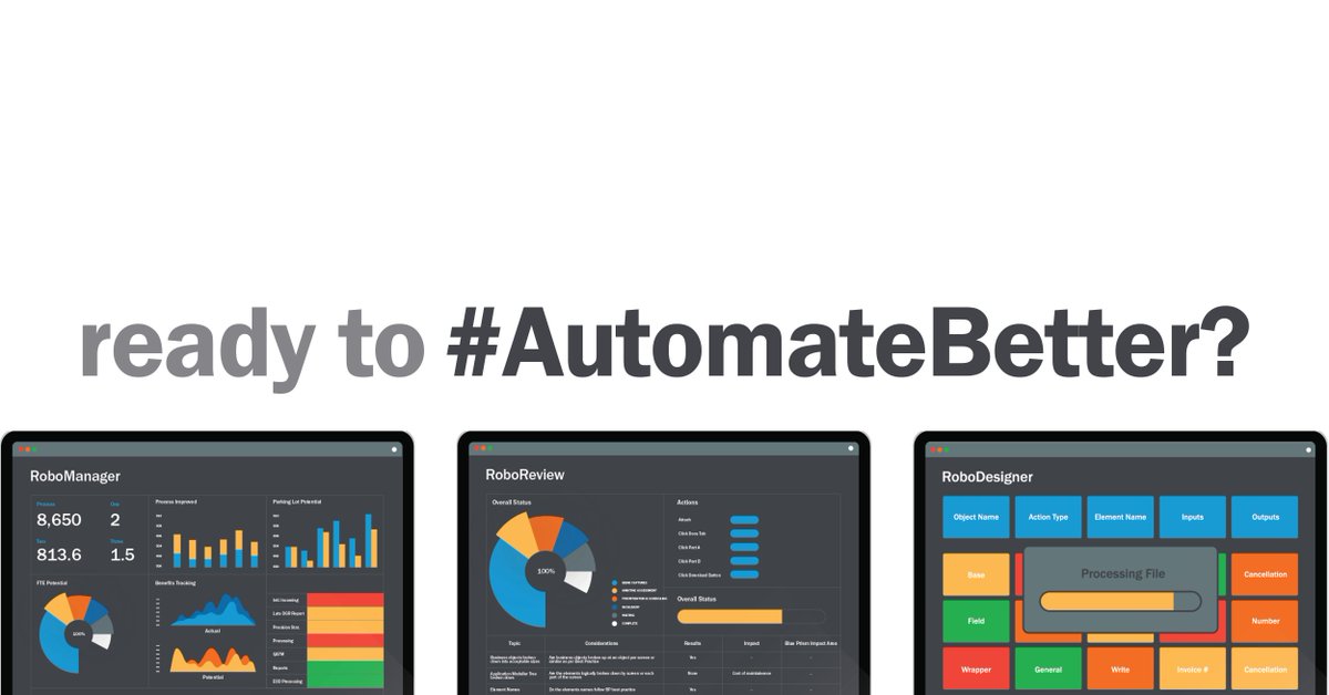 GroupReveal's tweet image. FREE TRIAL? Yes please! Automate your processes 30% faster with #RoboSuite. hubs.ly/H0ncQvG0
RoboDesigner for automated object development
RoboReview for intelligent code reviews, on demand
RoboManager for end-to-end, real-time visibility
#AutomateBetter #RPA
