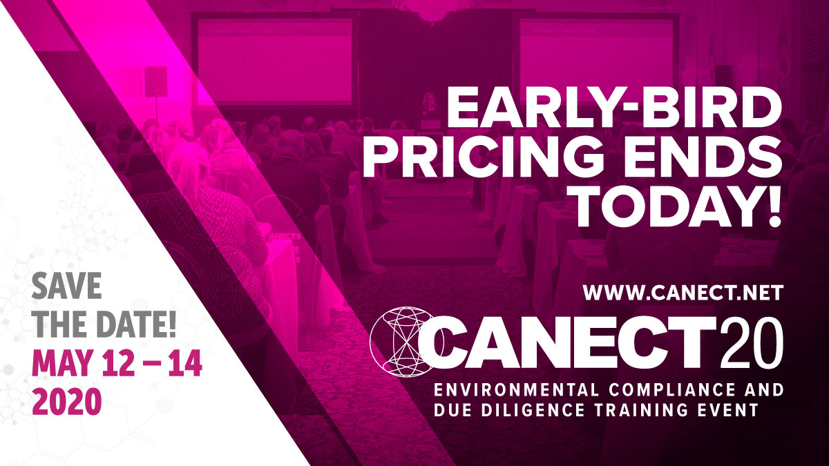 CANECTEvent's tweet photo. A reminder that today is the last day for you to take advantage of #CANECT's early-bird rate, which is nearly $300 off full registration pricing. https://t.co/PvhycT55JS

#environmentalcompliance #environmentalduediligence #training #environmentalmanagement #CANECT20 https://t.co/9uiKYUzPn3
