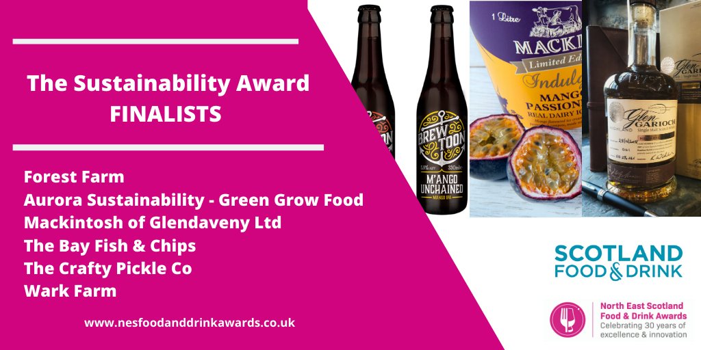 NESAwards's tweet photo. A new category for 2020, the finalists in the Sustainability Award are: @AuroraGroupScot @thebayfish @forestfarmdairy @Craftypickleco @MacofGlendaveny 👏#NESAwards #Aberdeenshire #sustainability https://t.co/BogNW0wC7Z