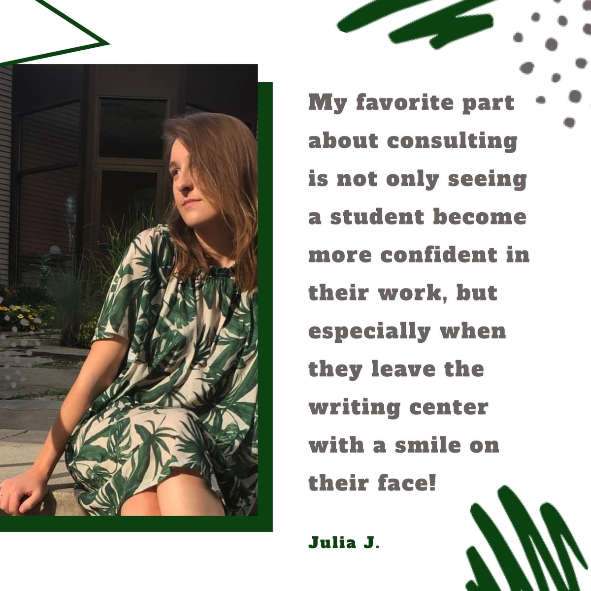 GVWritingCenter's tweet photo. Today’s #FeatureFriday is consultant Julia J! Julia is a History major at GVSU who graduates in April. This is her second and (sadly) final year as a consultant! She is so excited to head to graduate school in the fall, and will miss her fellow Lakers so much.💚 #gvwritingcenter https://t.co/SdCGLMnFCM