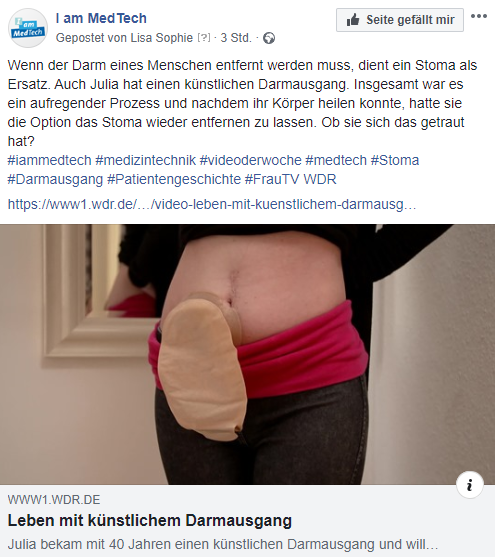 Unser #MedTech-Video der Woche drben auf Facebook: Der WDR-Beitrag erzhlt  die Geschichte von Julia, die nach einer Darm-OP ein #Stoma erhielt, einen knstlichen  Darmausgang. So konnte der Krper heilen... https://t.co/Hc5FFjQpTP  #IamMedTech ...