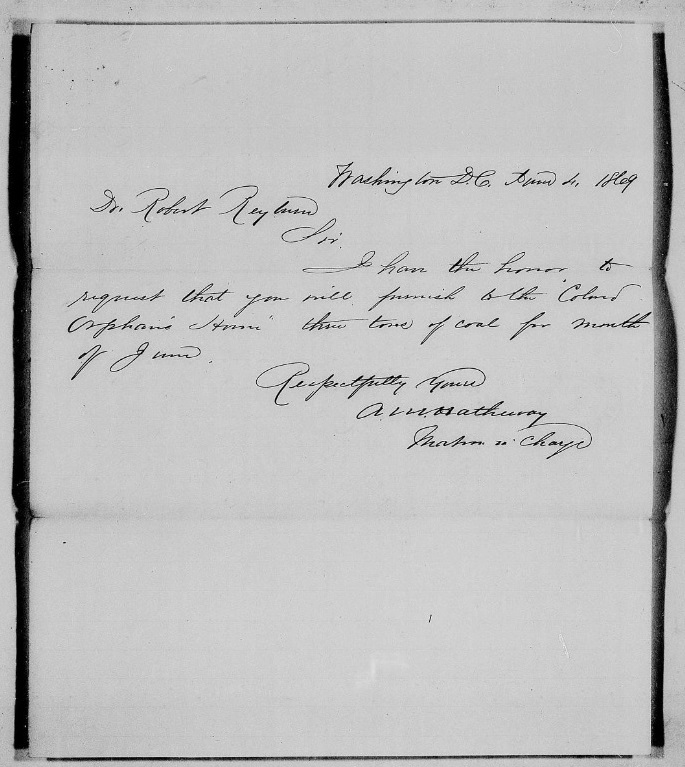 Historic document written in cursive. “Washington D.C. 1869” is readable. It is a letter, very short. It references supplying coal to the
