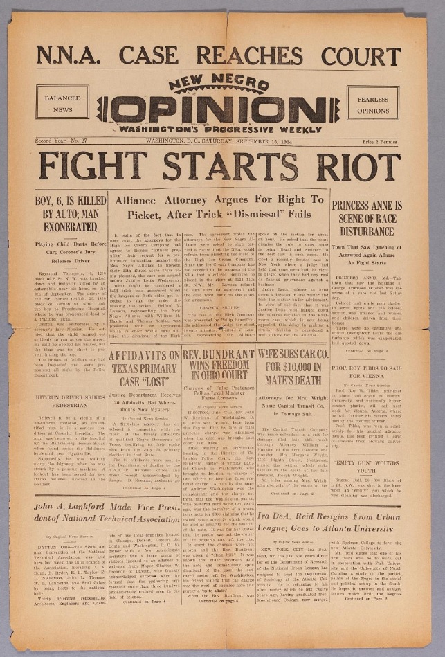 Front page of newspaper “New Negro Opinion.” Slightly yellowed. Large headlines include “N.N.A. Case Reaches Court.” “Fight Starts Riot.” “Boy, 6, is Killed by Auto; Man Exonerated.” “Princess Anne is Scene of Race Disturbance.”