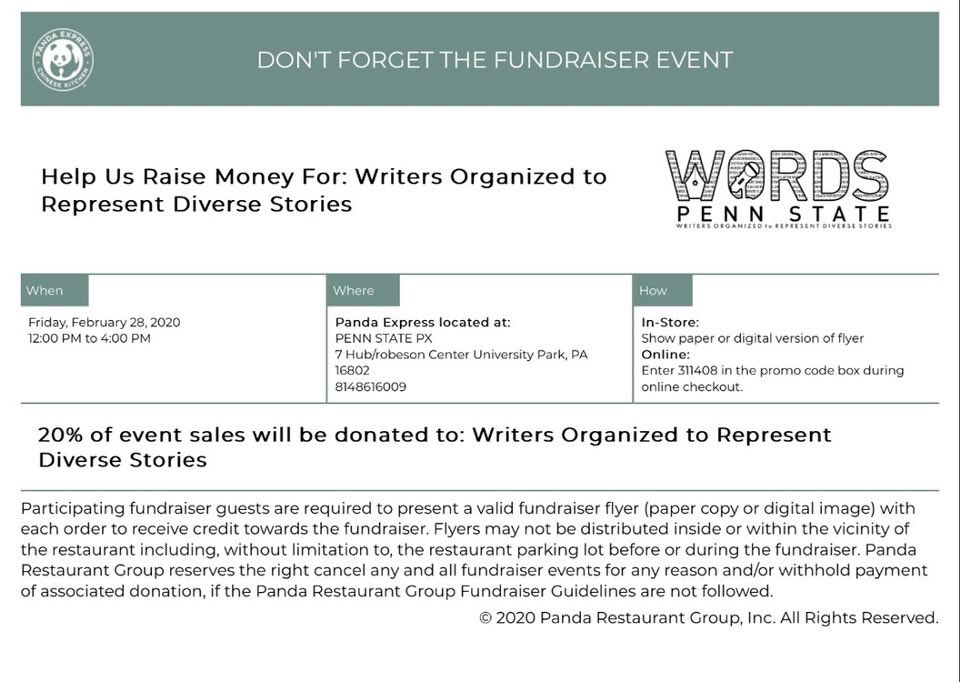 #WHATCHUGOT for lunch?? Hopefully Panda!! 🥠 WORDS will be having a fundraiser at Panda Express in the HUB from 12-4. Come get some food and support💕💕