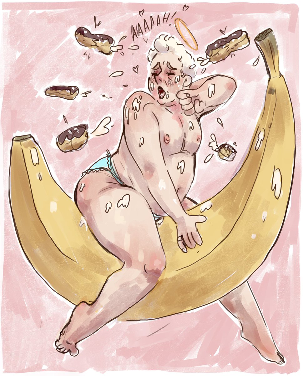 Less-Than-Fine Art Friday 2:Aziraphale riding a banana while several eclairs squirt filling in his face