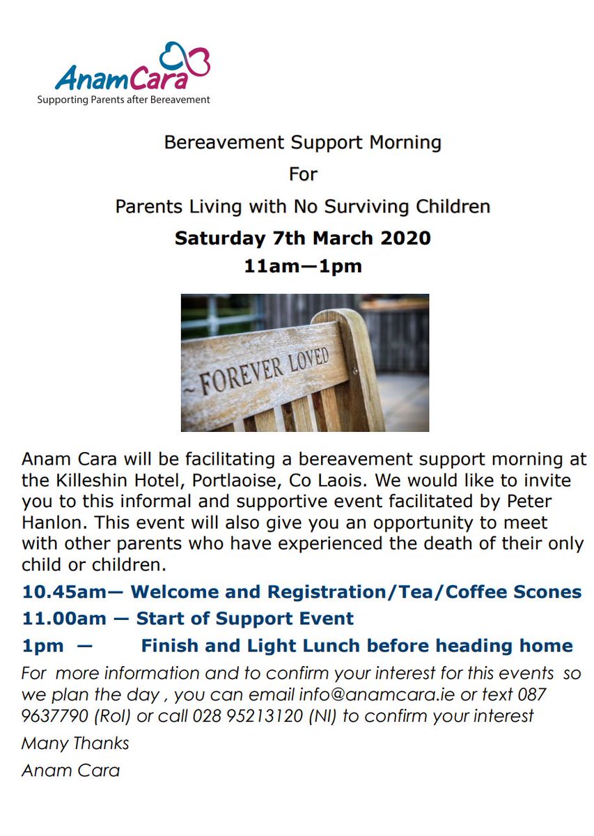 Room_psych's tweet photo. Anam Cara are hosting a #bereavement support event for bereaved parents - 7th March 2020 https://t.co/6180wt5sbl