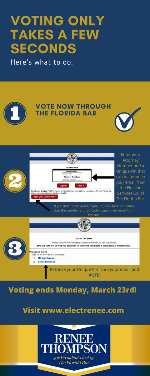 legallyrenee's tweet photo. Eballots have been sent and I am thrilled to be on your ballot. Please take a moment to vote. #myfloridabar #electrenee  @TheFlaBar https://t.co/RxLnBD6zvY