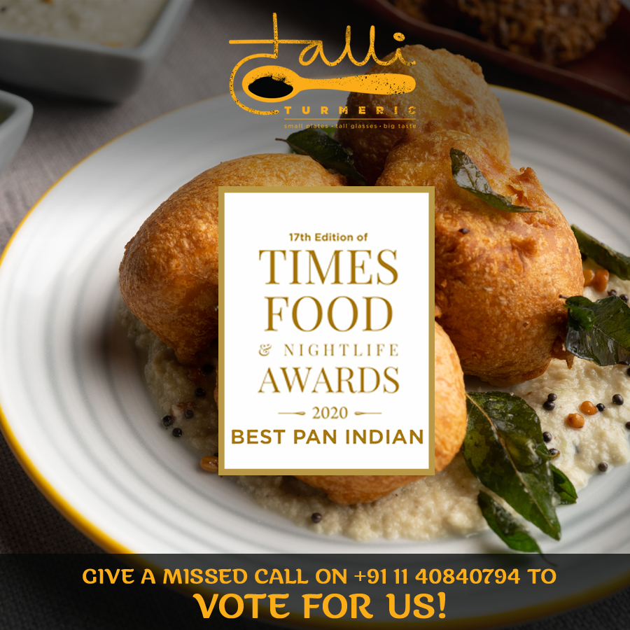 TalliTurmeric's tweet photo. We are ecstatic to announce that #TalliTurmeric has been nominated in the "BEST PAN INDIAN RESTAURANT" category at the Times Food &amp; Nightlife Awards 2020. 

All you have to do is give a missed call on +91 1140840794

So let the votes pour in! 

#VoteNow https://t.co/BbiHNJPkE3