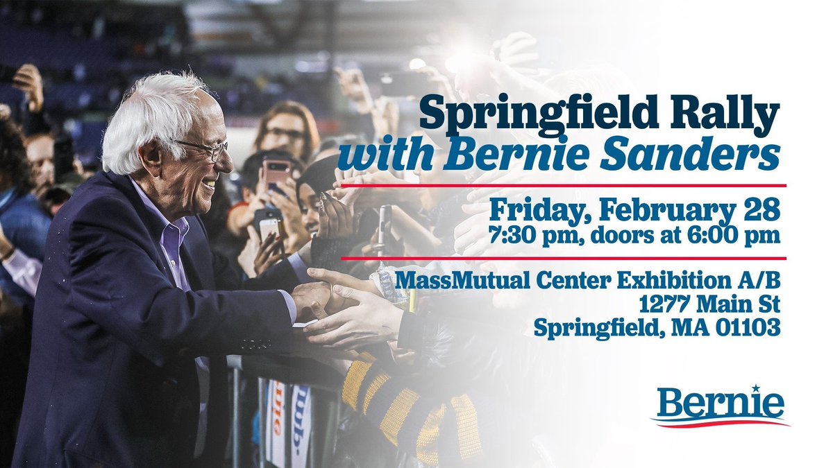 flowerslikesun's tweet photo. "Rally in Springfield, MA w/@SenSanders ! 🔥🇺🇸TODAY
2/28/20  7:30 PM

RSVP https://t.co/LfHMQS44z3
#MAForBernie #LCNE #WestfieldState #MADems #HampshireCollege @7News #7news @NBC10Boston @MAYoungDems @sunrisemvmt @350Mass #mapoli #CTpoli #CTPolitics #CTforBernie #BernieInMA 🔥 https://t.co/BSHopomRH2