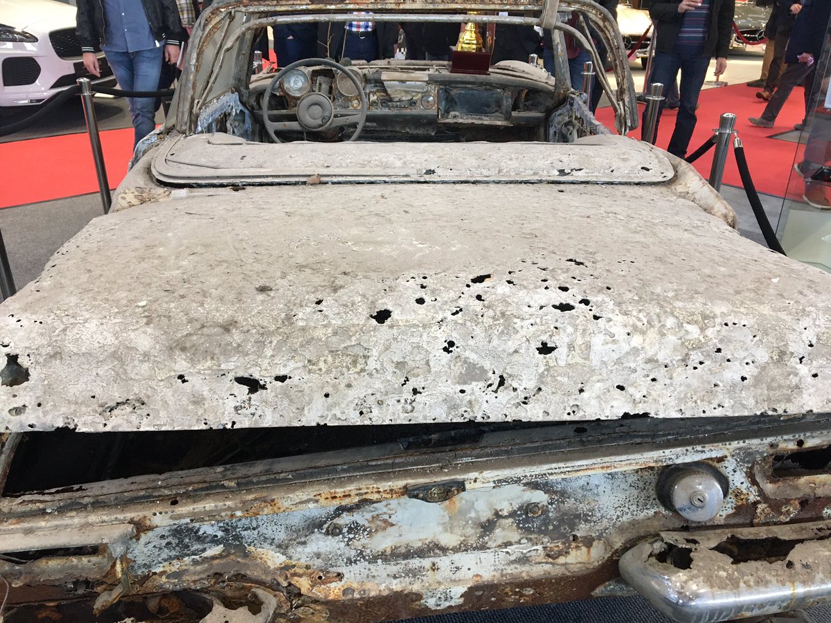 OctaneJames's tweet photo. Seeing as this @RetroClassics_ exhibit was so popular yesterday, here are a few more shots of the “river-find” Mercedes. Not that different to my Jensen underneath the paint really. https://t.co/mL3JlNz3Ed