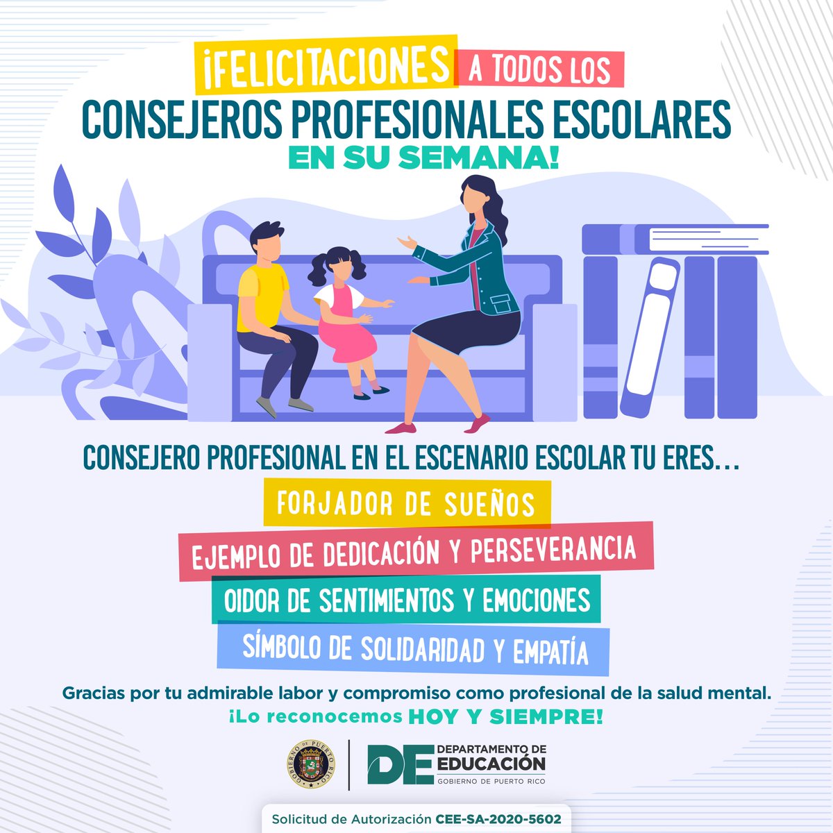 EDUCACIONPR's tweet photo. En el @EDUCACIONPR agradecemos la gran labor que diariamente realizan nuestros Consejeros Profesionales  Escolares. ¡Felicidades en su semana! https://t.co/LrDwSJ6PxM