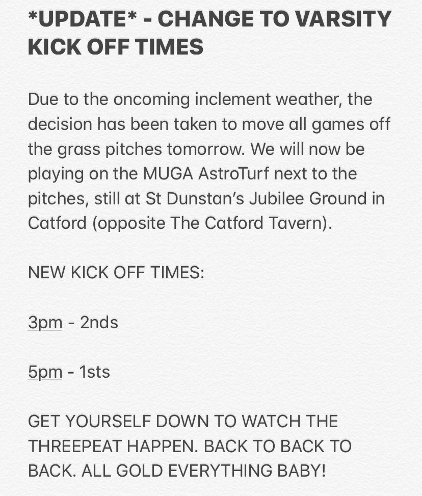 GoldsmithsFC's tweet photo. IMPORTANT! There have been some changes to Varsity schedule due to weather! https://t.co/S51ZX3zp1p